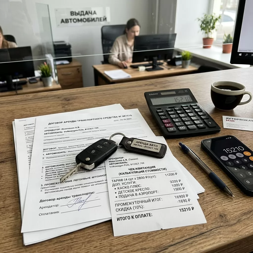 Документы аренды автомобиля с расчетом стоимости, чеком и ключами от машины
